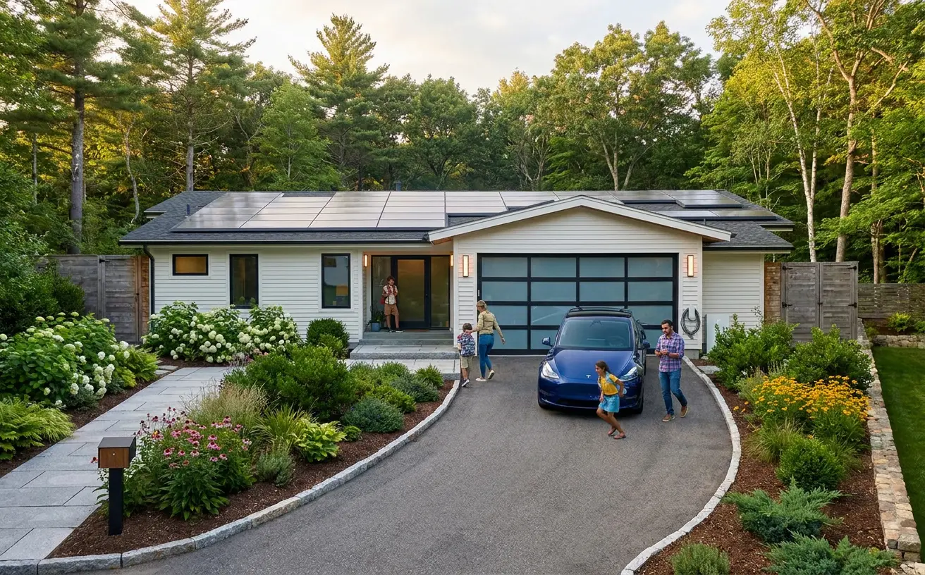 A modern house with solar panels, surrounded by lush landscaping. A family with two kids stands near a blue electric car parked in the driveway on a sunny day.