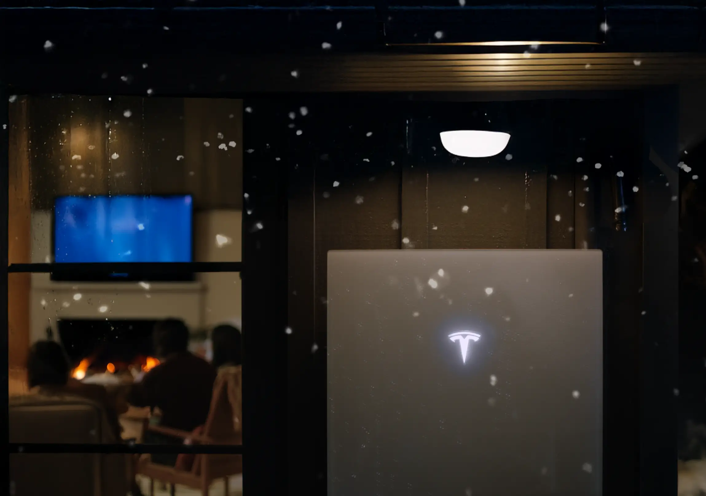 A cozy interior scene with people by a fireplace is visible through a window. Snow falls outside, and a softly lit Tesla logo on a panel near the window hints at winter-ready batteries inside.