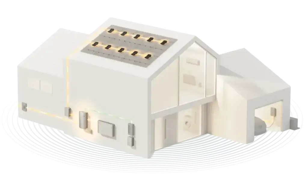 Diagram of a modern house with solar panels on the roof, solar energy storage units, and an electric vehicle charging in the garage.