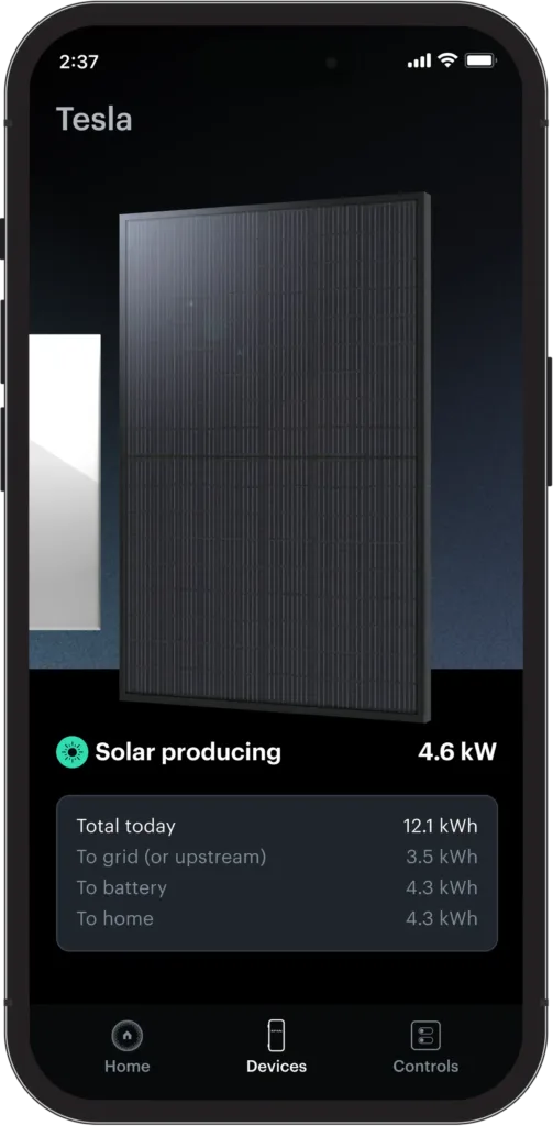 A smartphone screen displays a Tesla app showing a solar panel producing 4.6 kW, today's total solar output, and smart electrical panels tracking grid, battery, and home usage details.